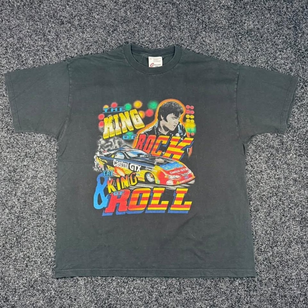 Vintage 1998 Elvis Presley John Force Castrol GTX NHRA Racing T-Shirt 2XL 90s